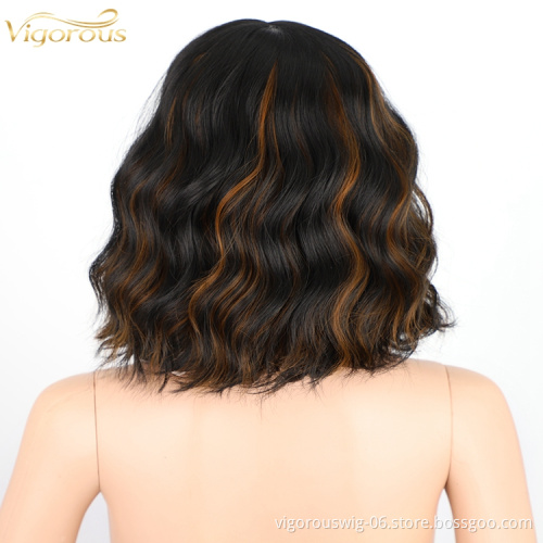 Synthetic Wig With Neat Fringer Short Curly Shoulder Length Highlight Brown Body Wave Bob Hair Heat Resistant Fiber For Women